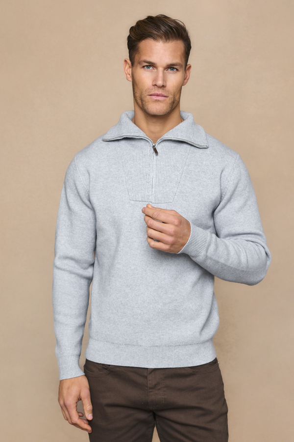 Zander Zipped Funnel Neck Knit - Light Grey Marl