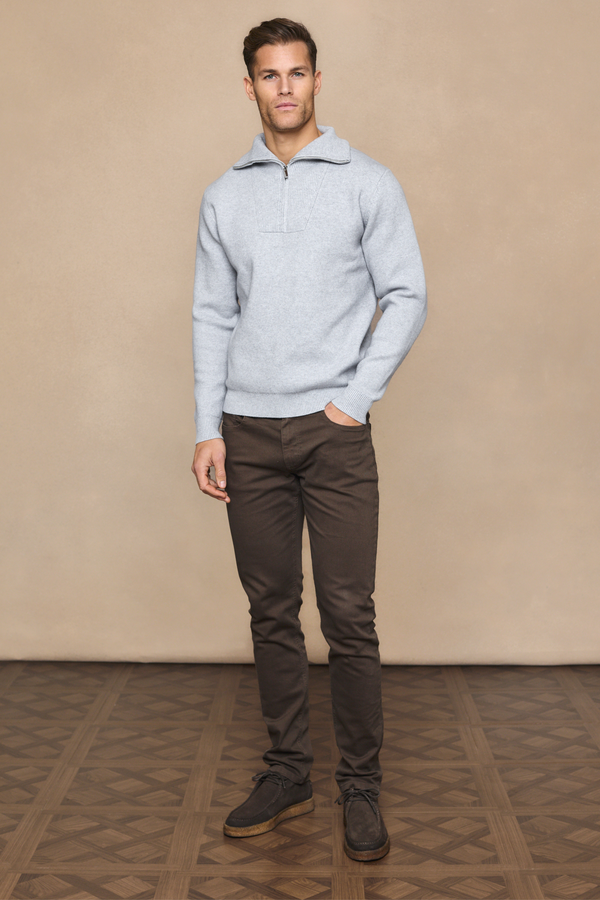 Zander Zipped Funnel Neck Knit - Light Grey Marl