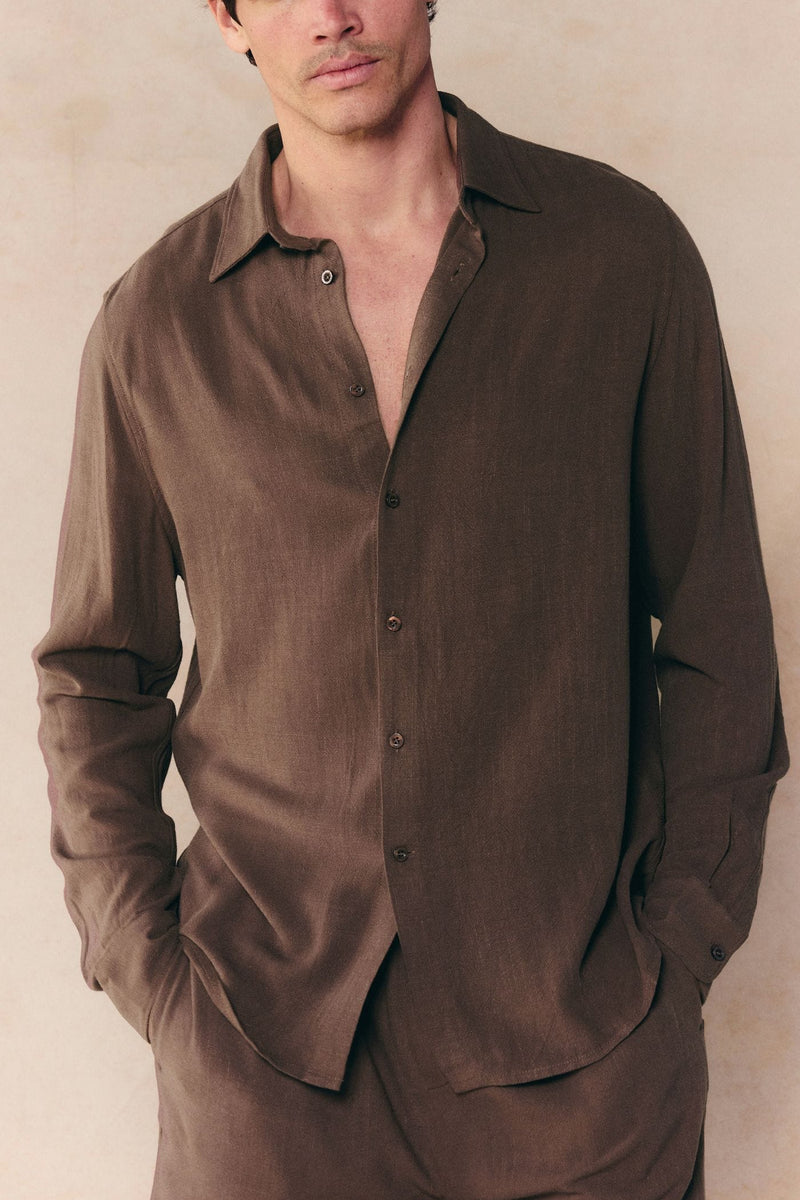 Cami Linen Classic Collar Shirt - Brown