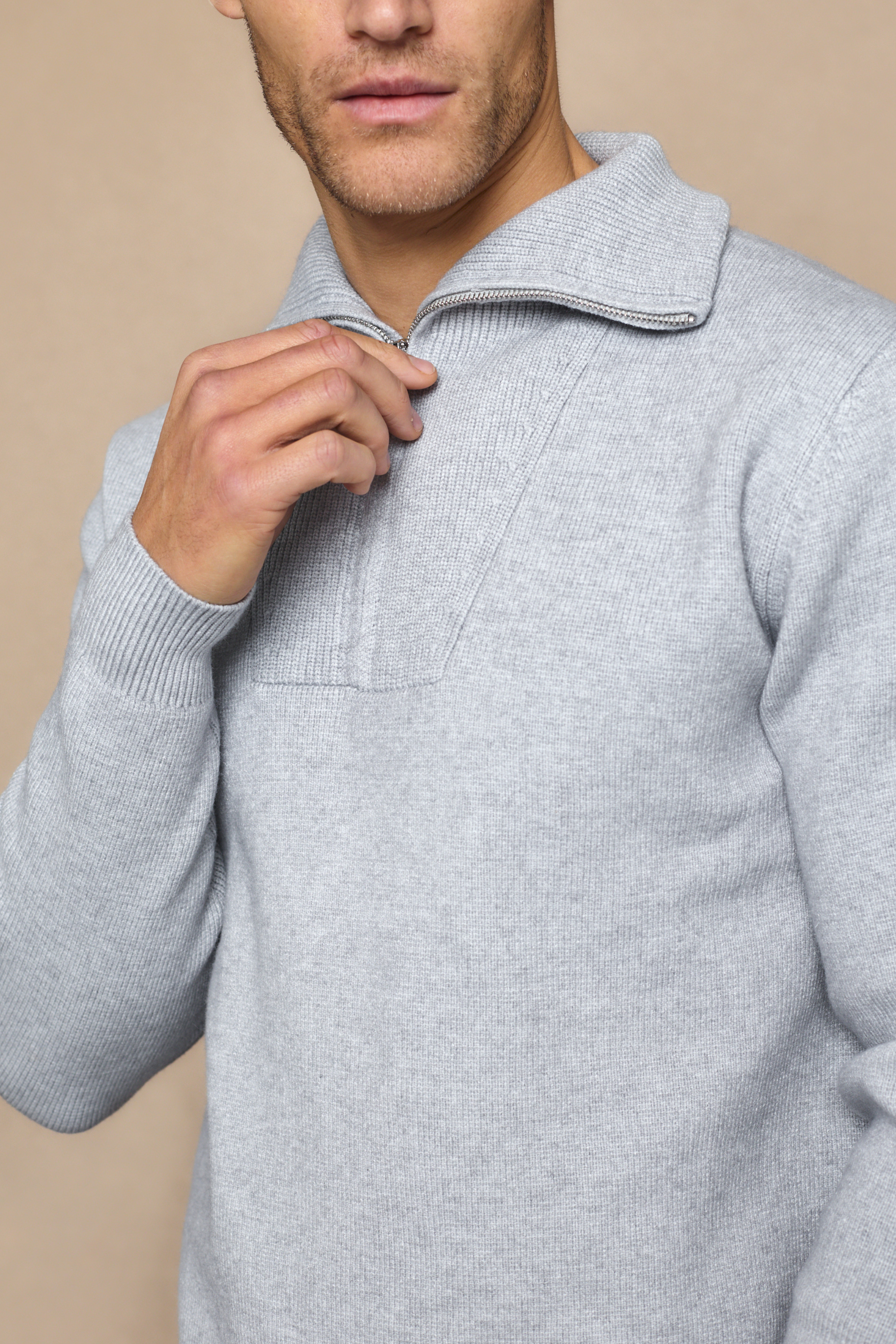 Zander Zipped Funnel Neck Knit - Light Grey Marl