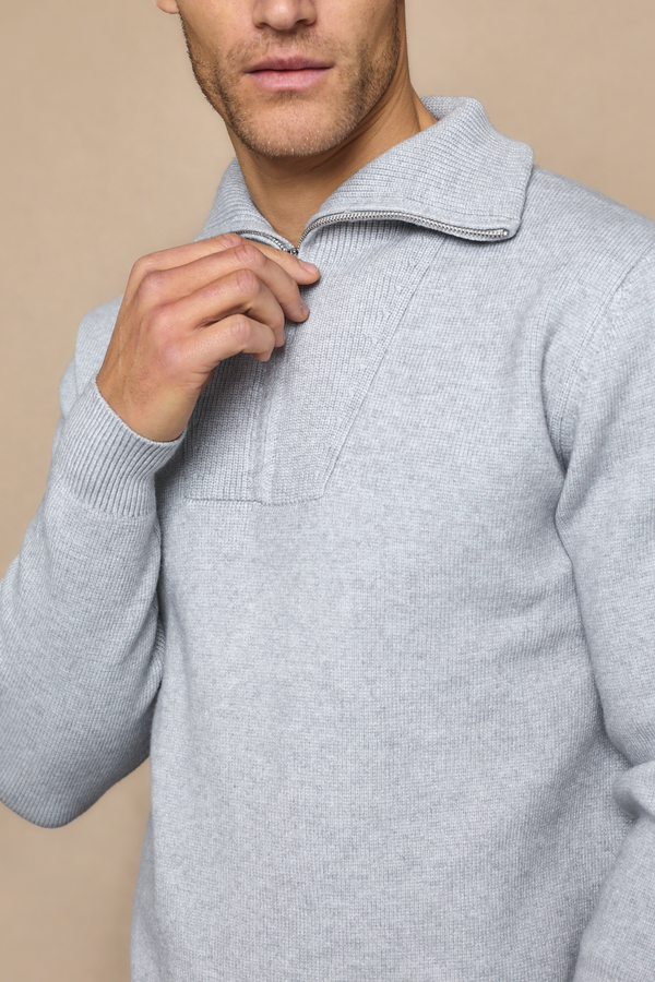 Zander Zipped Funnel Neck Knit - Light Grey Marl