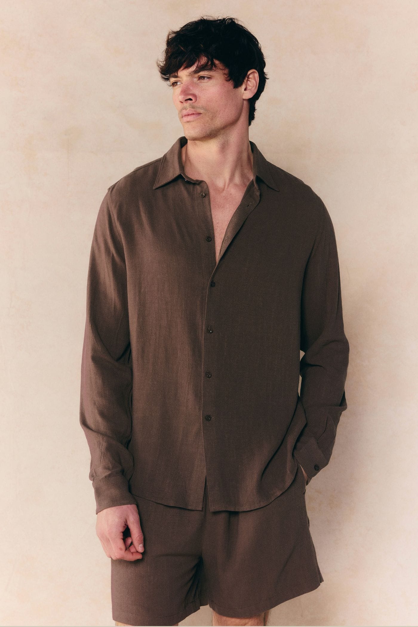 Cami Linen Classic Collar Shirt - Brown