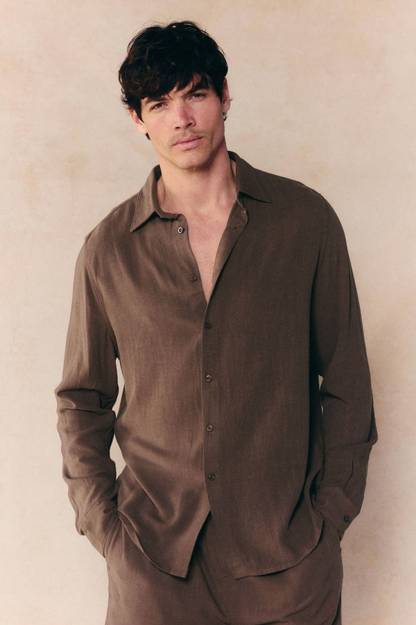Cami Linen Classic Collar Shirt - Brown