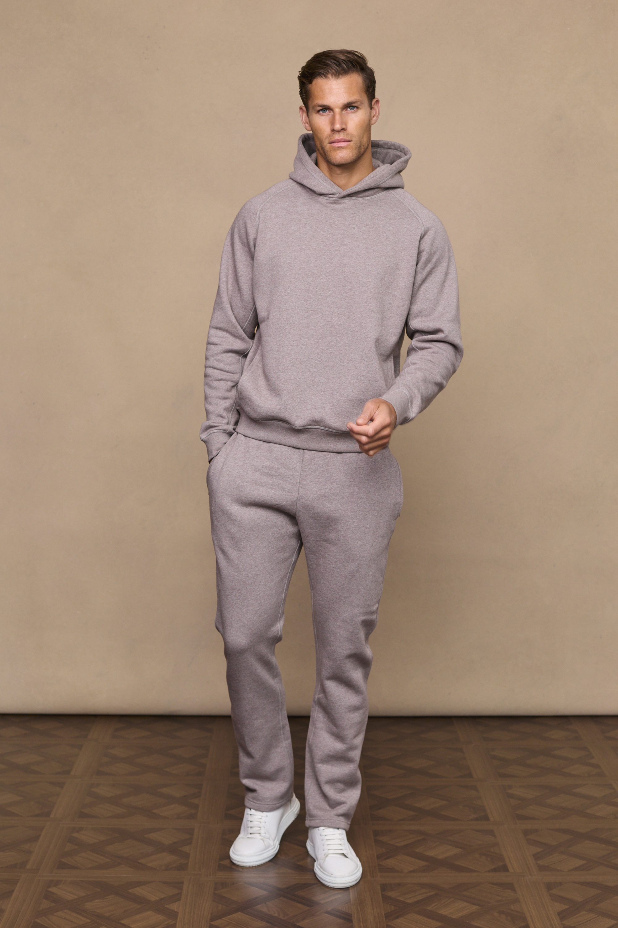 Men’s heavyweight cotton blend hoodie in brown marl with raglan sleeves by Raith