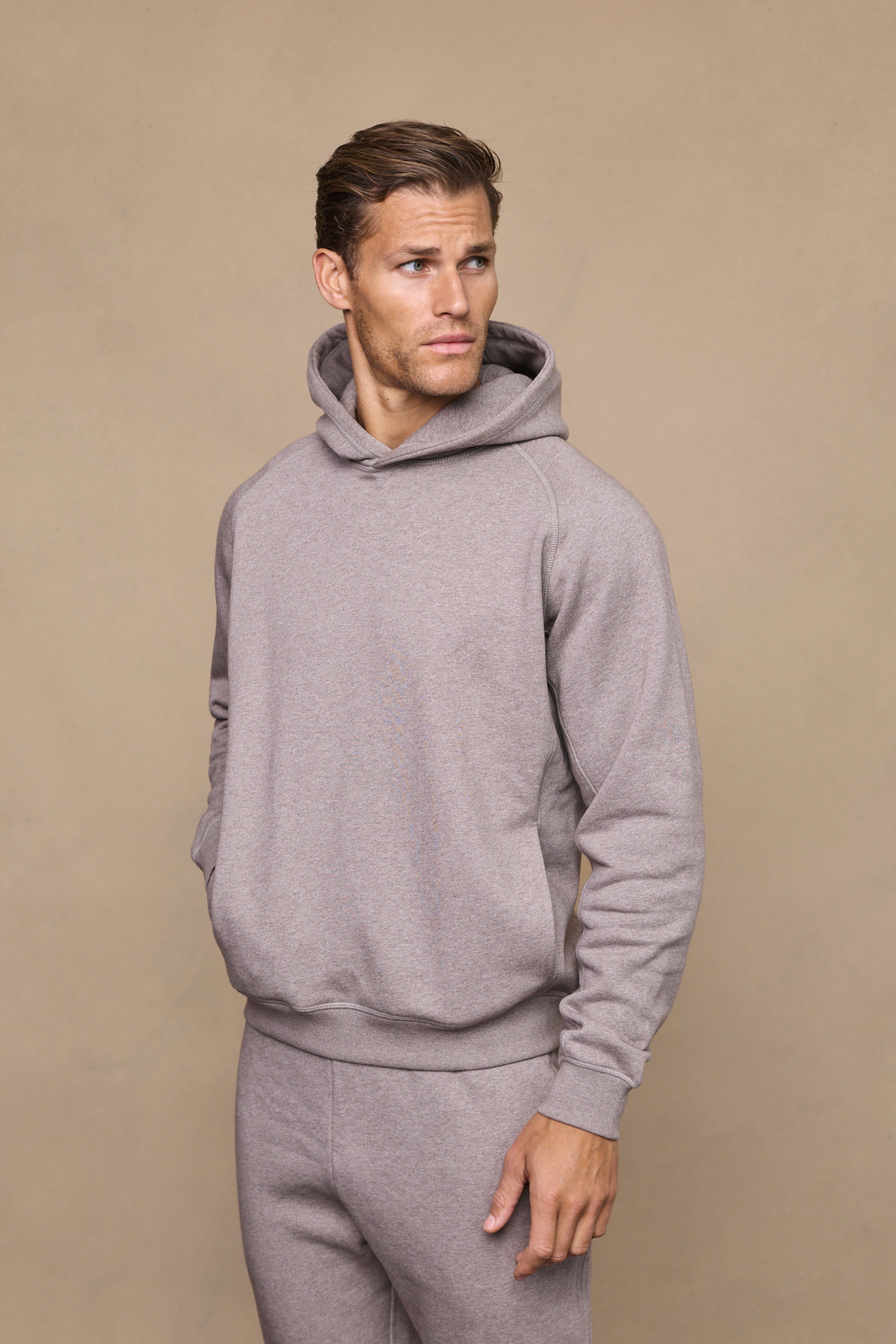 Men’s heavyweight cotton blend hoodie in brown marl with raglan sleeves by Raith