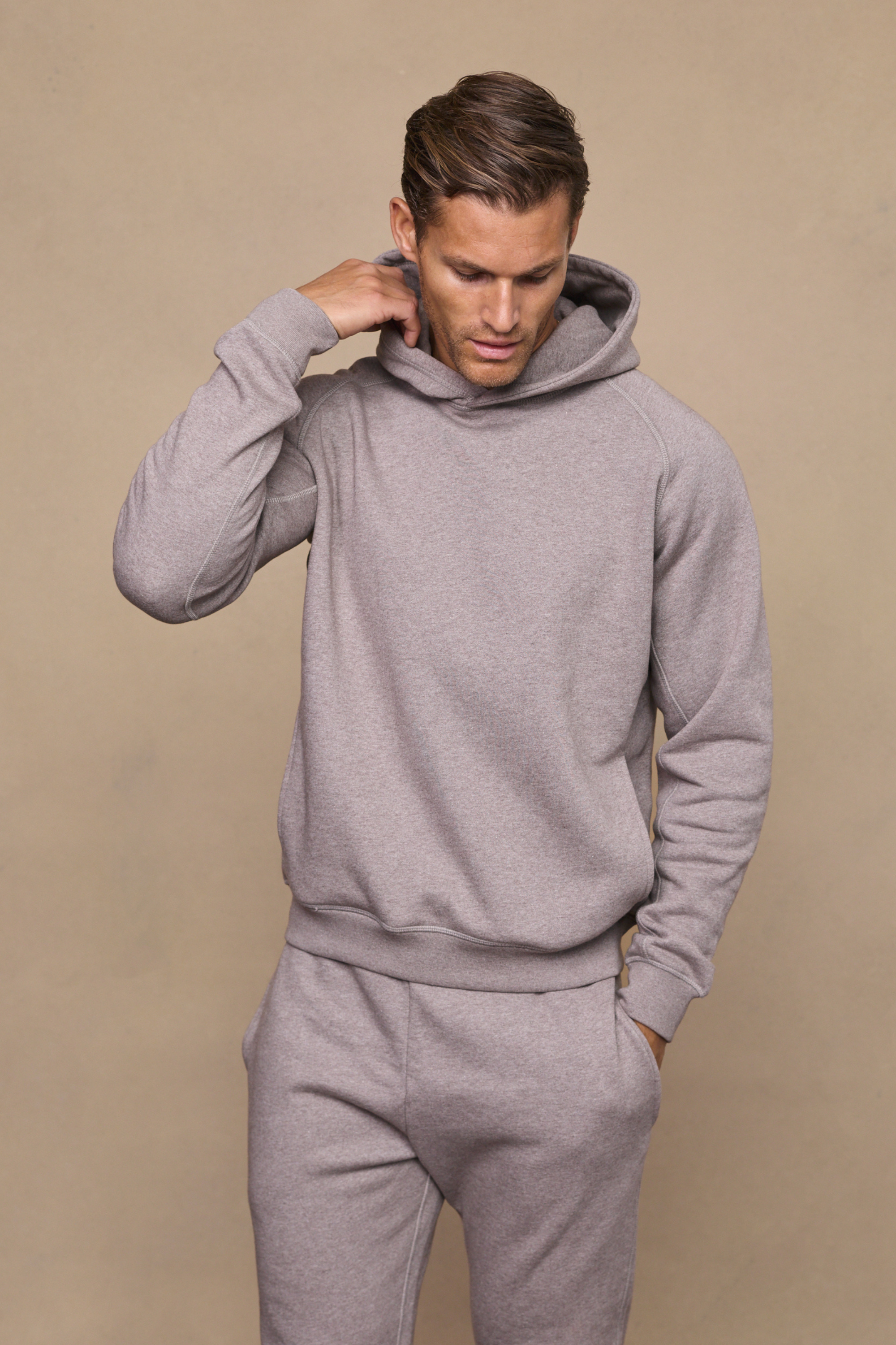 Men’s heavyweight cotton blend hoodie in brown marl with raglan sleeves by Raith