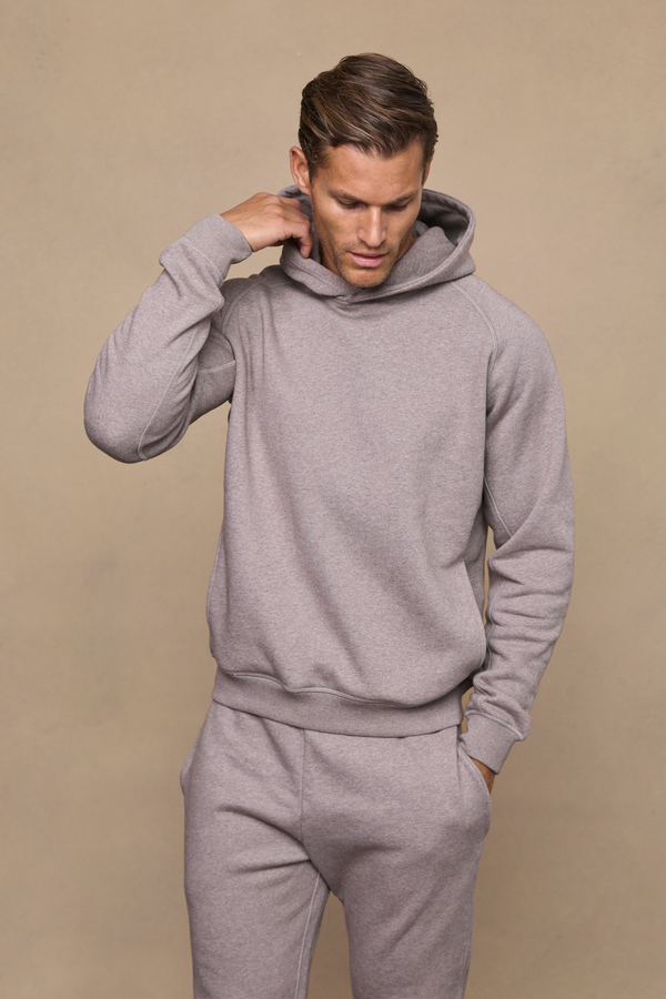 Men’s heavyweight cotton blend hoodie in brown marl with raglan sleeves by Raith
