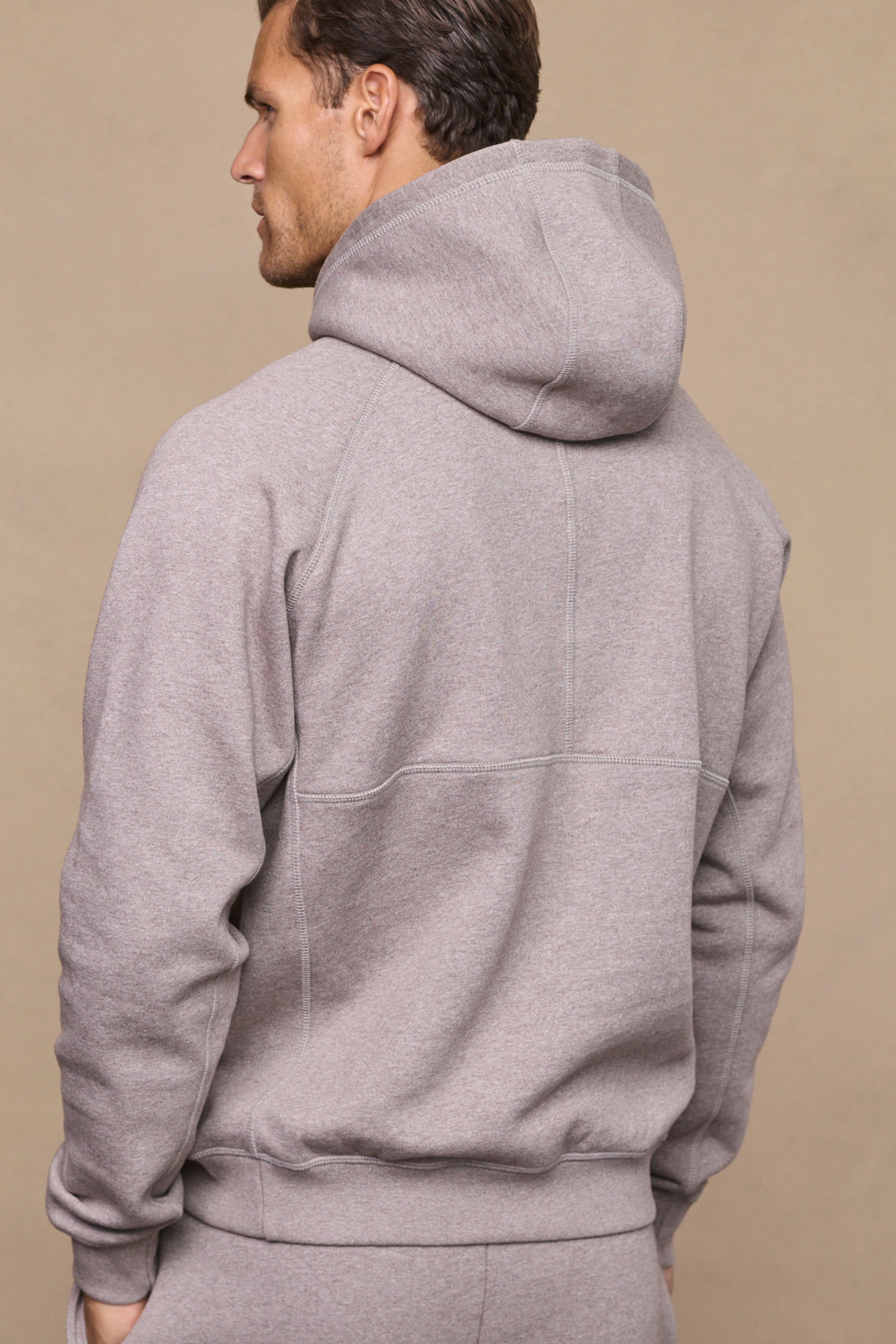 Men’s heavyweight cotton blend hoodie in brown marl with raglan sleeves by Raith