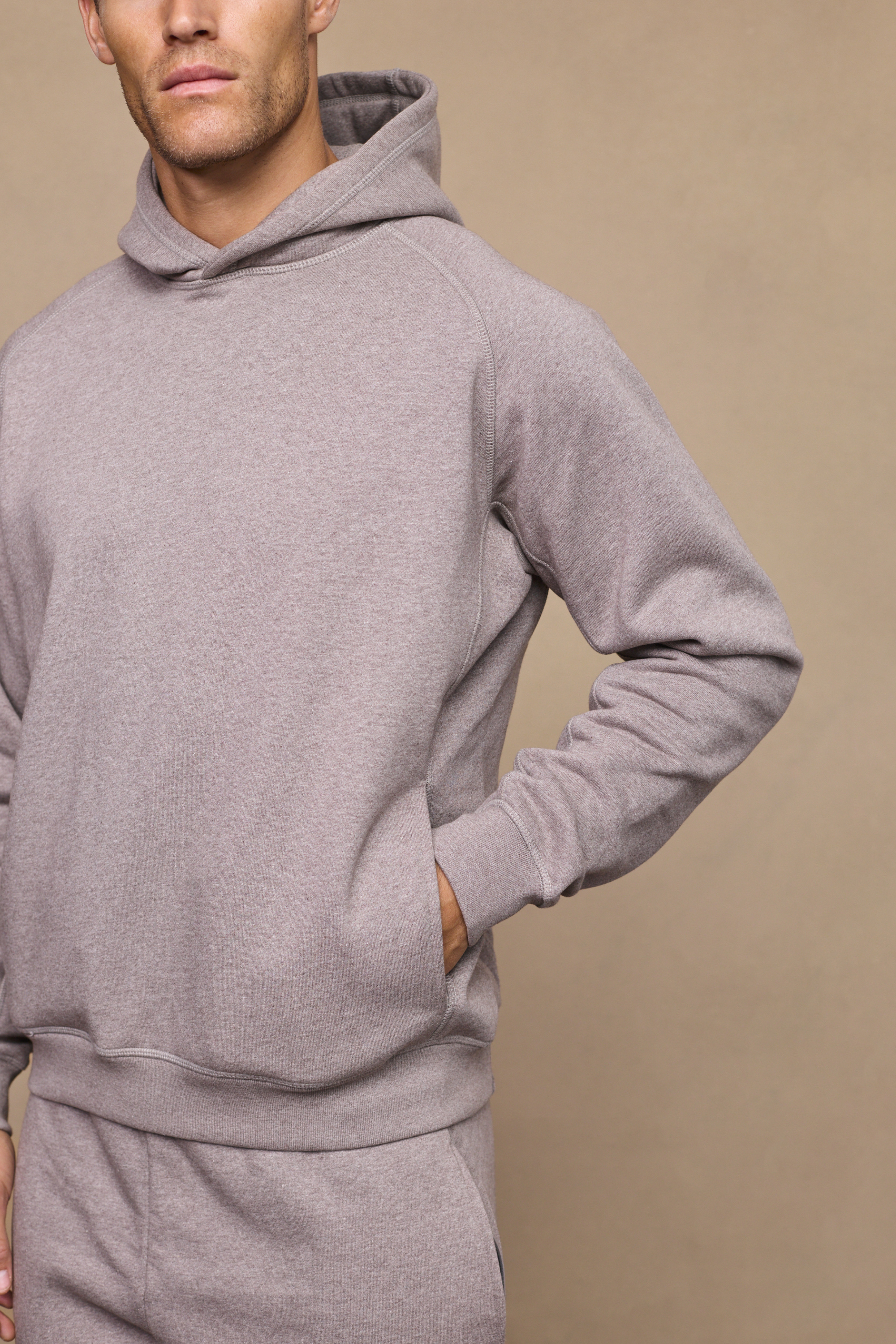 Men’s heavyweight cotton blend hoodie in brown marl with raglan sleeves by Raith