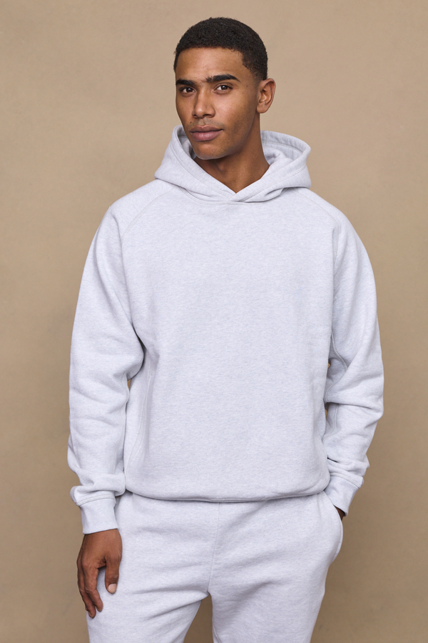 Men’s heavyweight cotton blend hoodie in grey with raglan sleeves by Raith