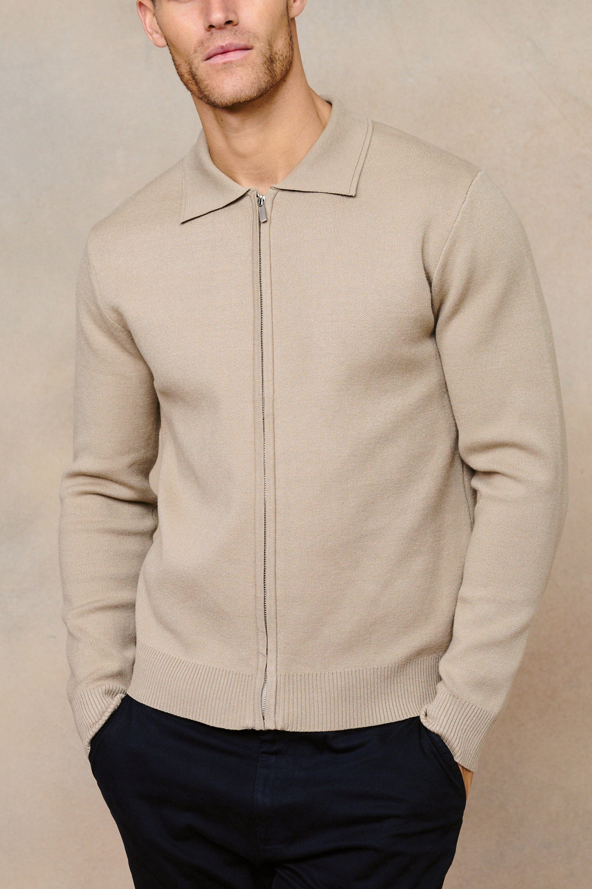 Arlo Zip Through Knitted Jacket- Sand