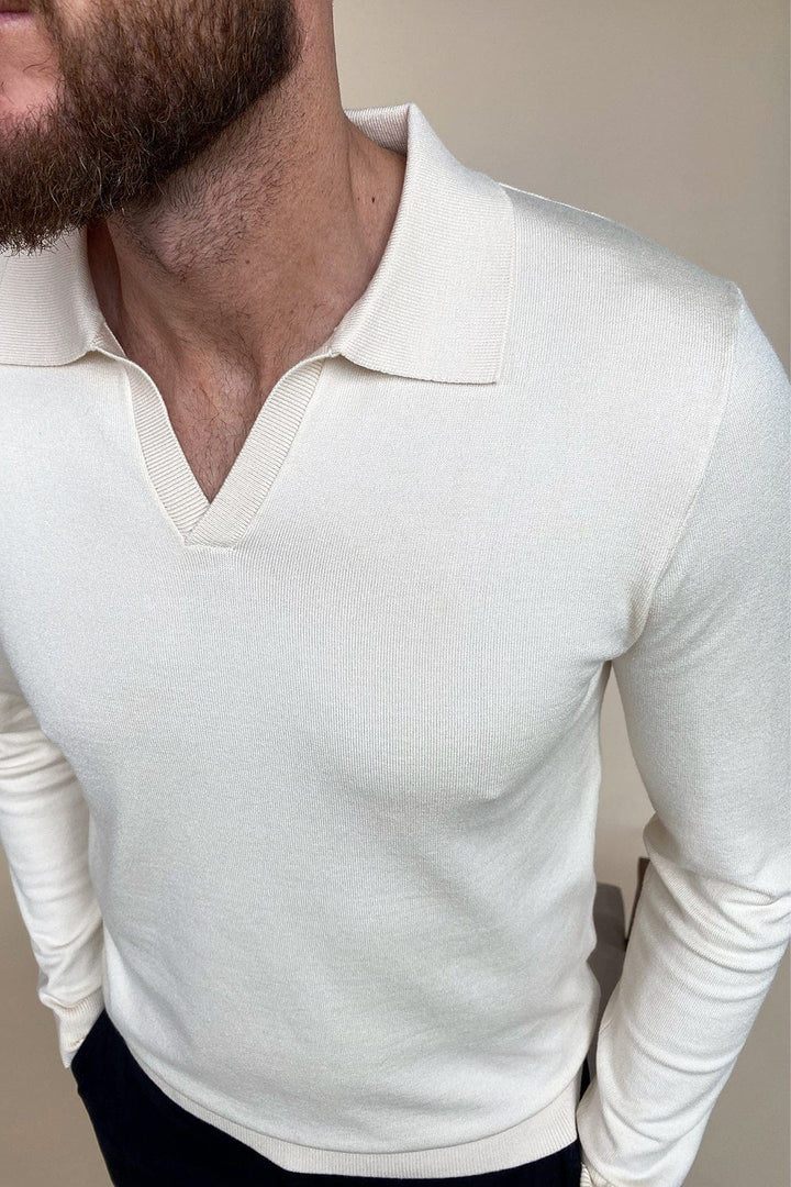 Knitted Long Sleeve Open Collar Polo - Ecru