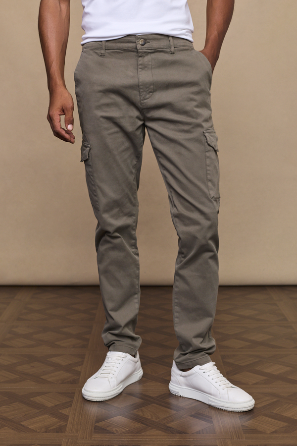 Men’s cotton stretch cargo trousers in dark olive with straight leg fit and utility pockets by Raith