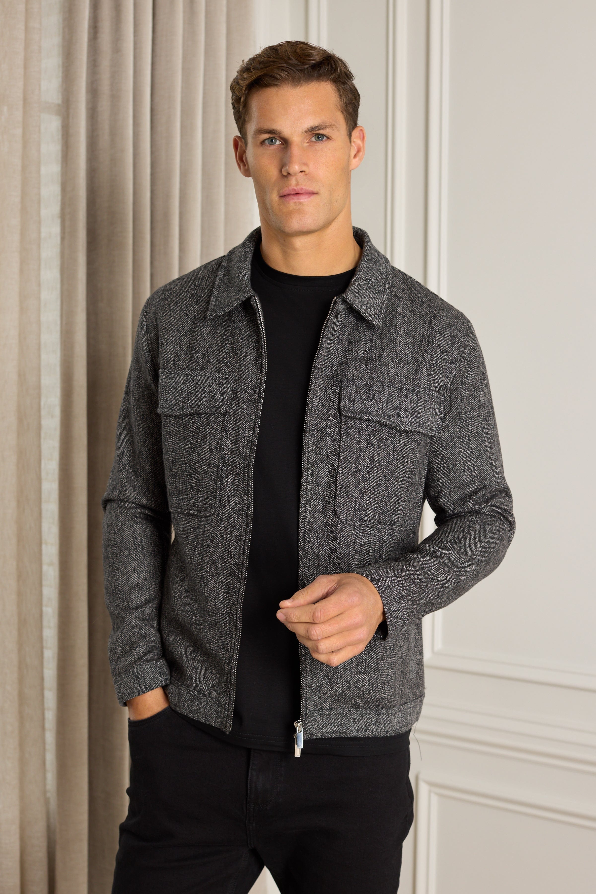 Carter Herringbone Wool Harrington Jacket - Black