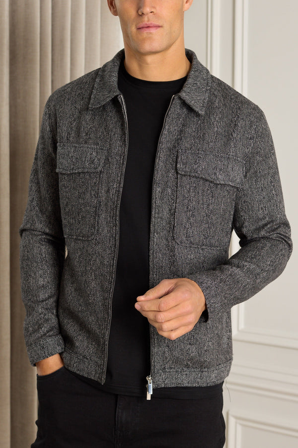Carter Herringbone Wool Harrington Jacket - Black