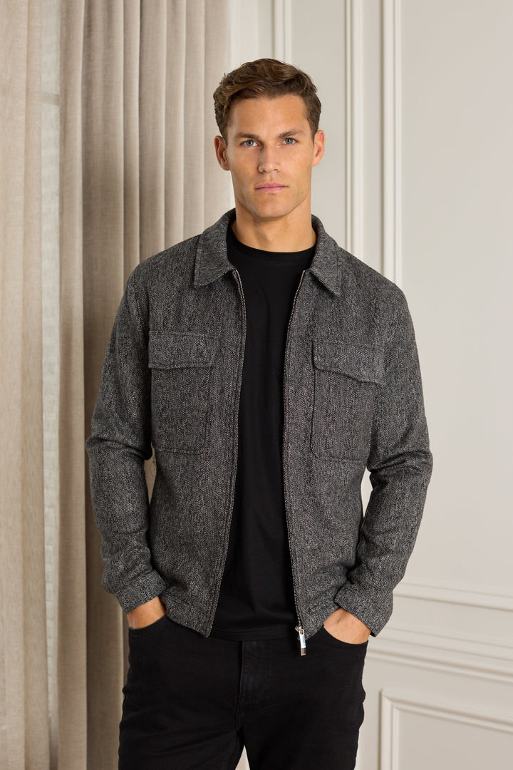 Carter Herringbone Wool Harrington Jacket - Black