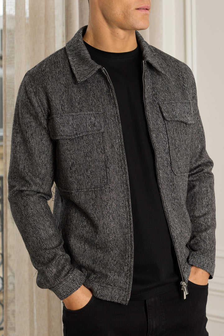 Carter Herringbone Wool Harrington Jacket - Black