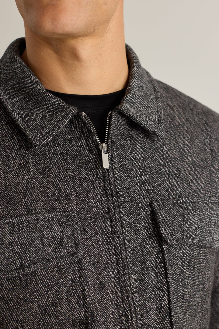 Carter Herringbone Wool Harrington Jacket - Black