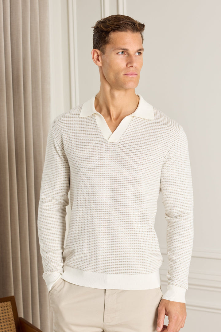 Kai Textured Long Sleeve Open Collar Polo - Beige/Ecru