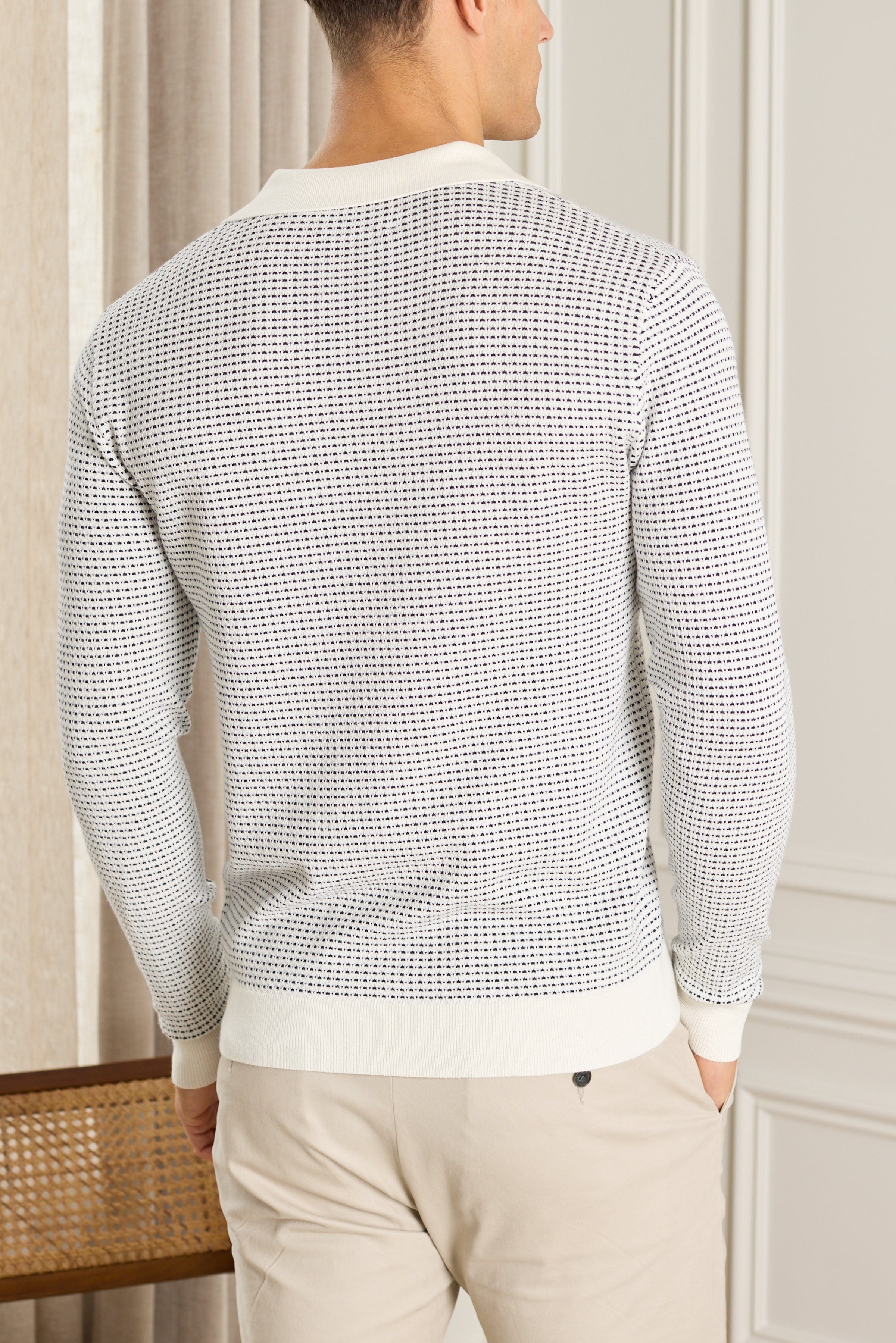 Kai Textured Long Sleeve Open Collar Polo - Navy/Ecru