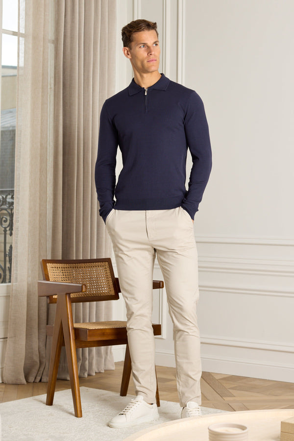 Knitted Long Sleeve Zip Polo Shirt - Navy