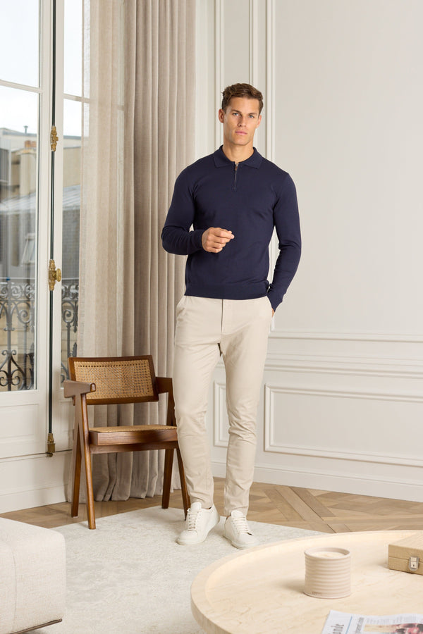 Knitted Long Sleeve Zip Polo Shirt - Navy