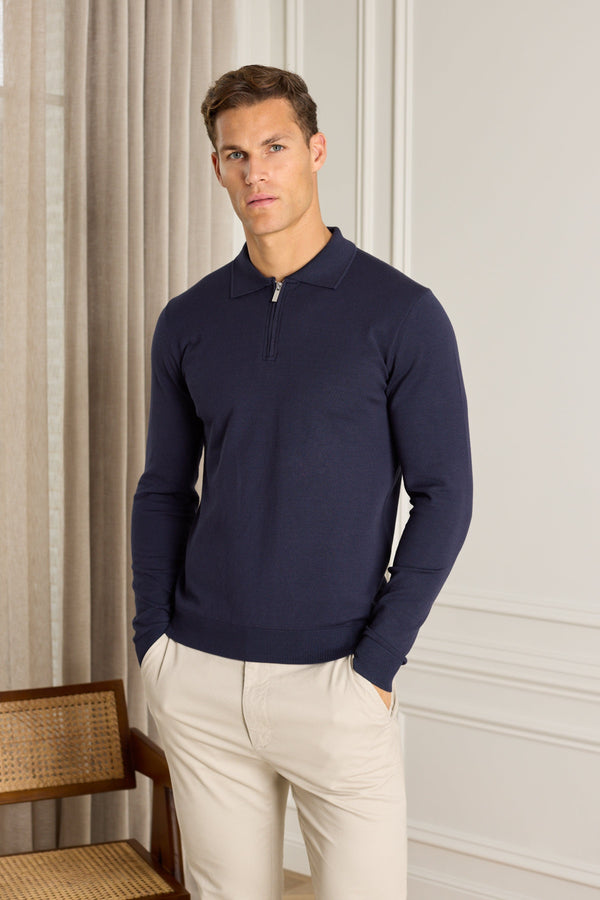 Knitted Long Sleeve Zip Polo Shirt - Navy