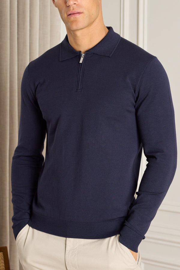 Knitted Long Sleeve Zip Polo Shirt - Navy