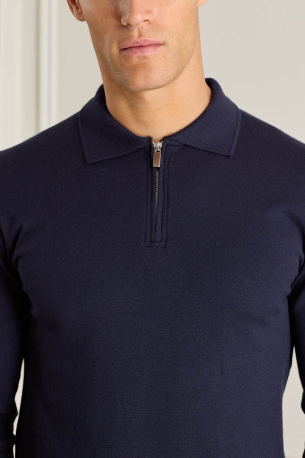 Knitted Long Sleeve Zip Polo Shirt - Navy