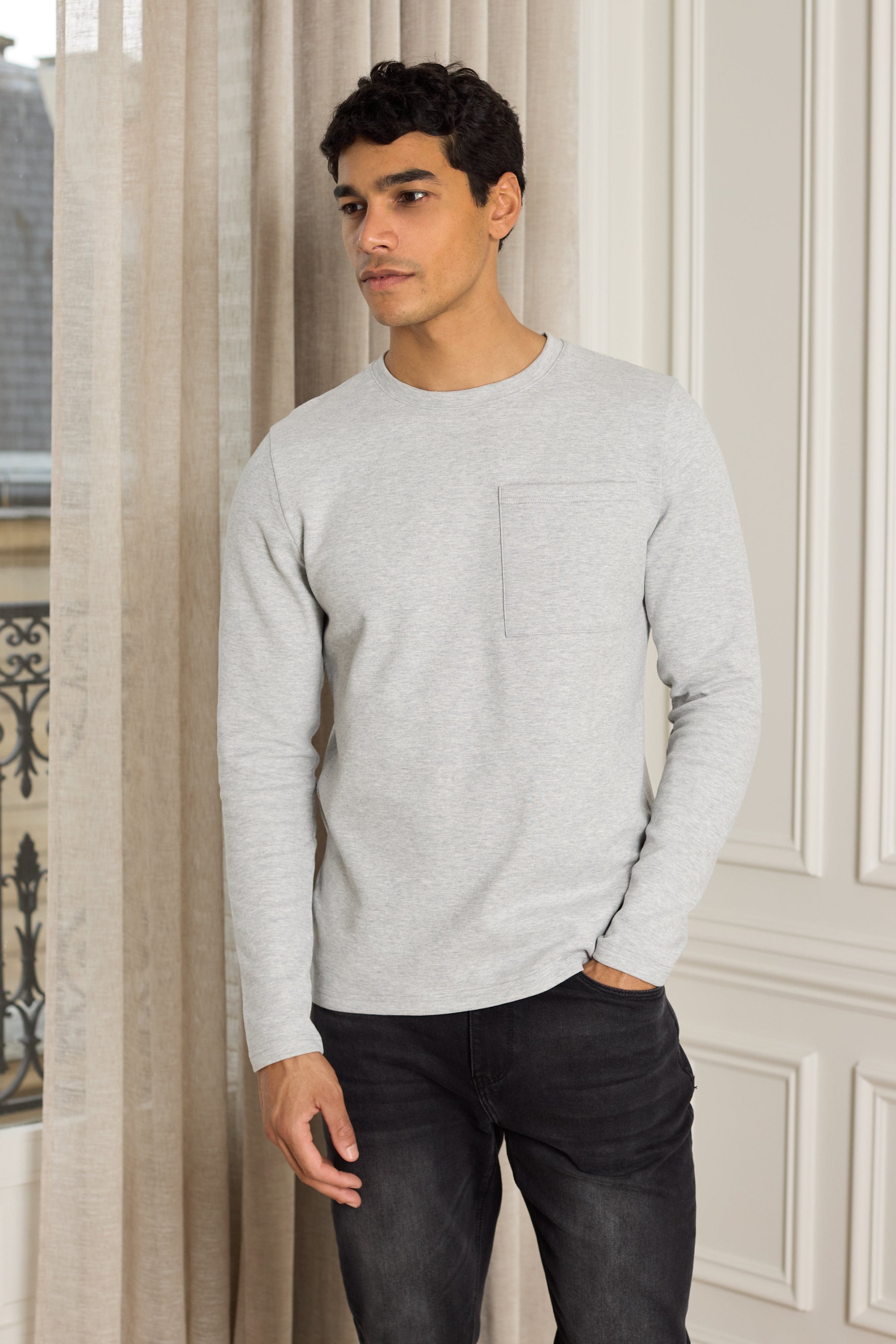 Tyler Long Sleeve Pocket  T-Shirt - Grey Marl