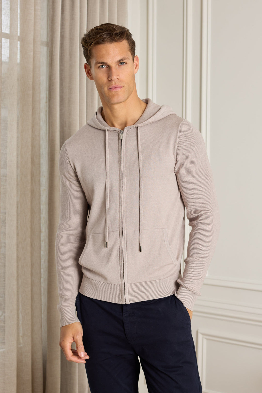 Nolan Knitted Zip Through Hoodie - Taupe