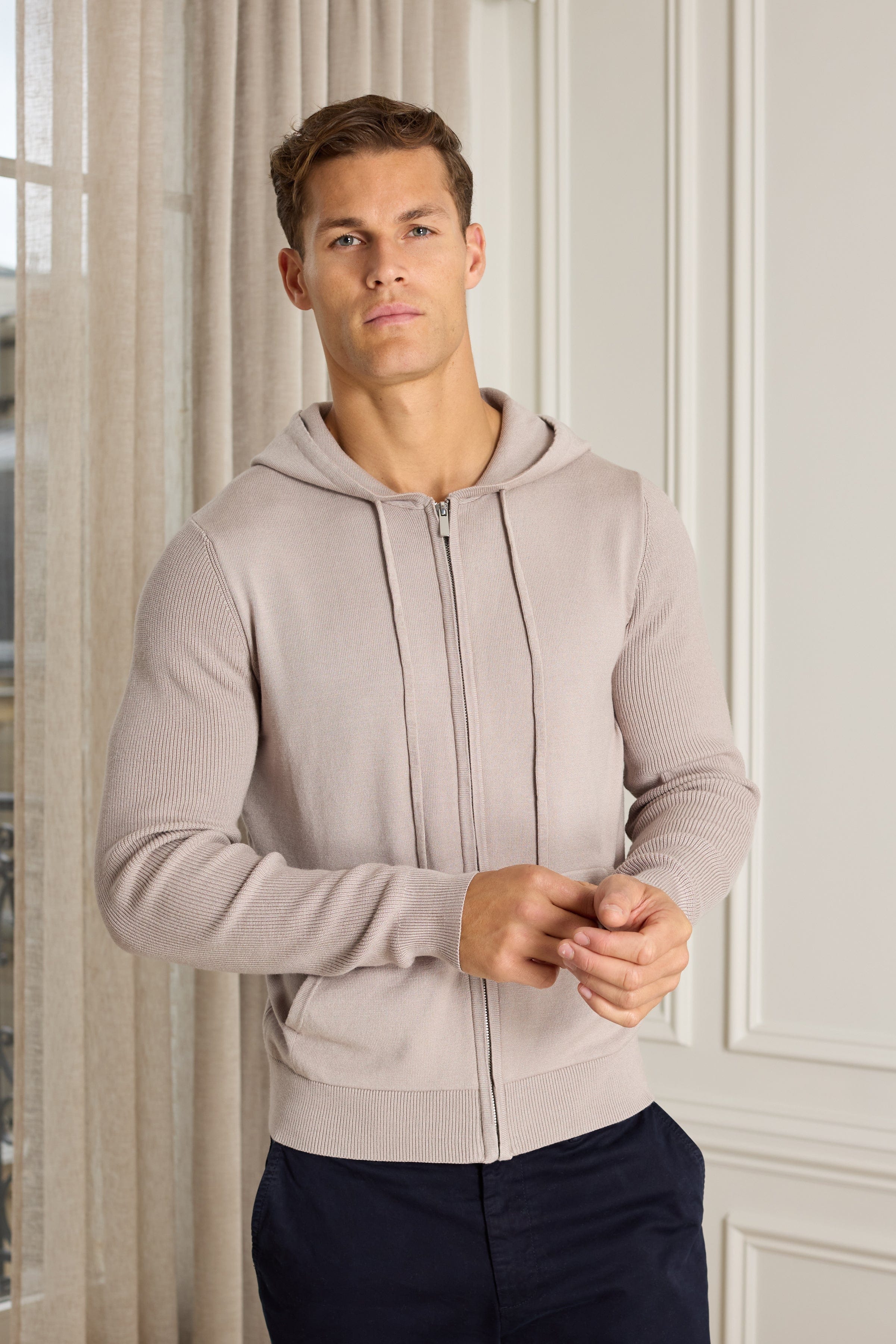 Nolan Knitted Zip Through Hoodie Taupe