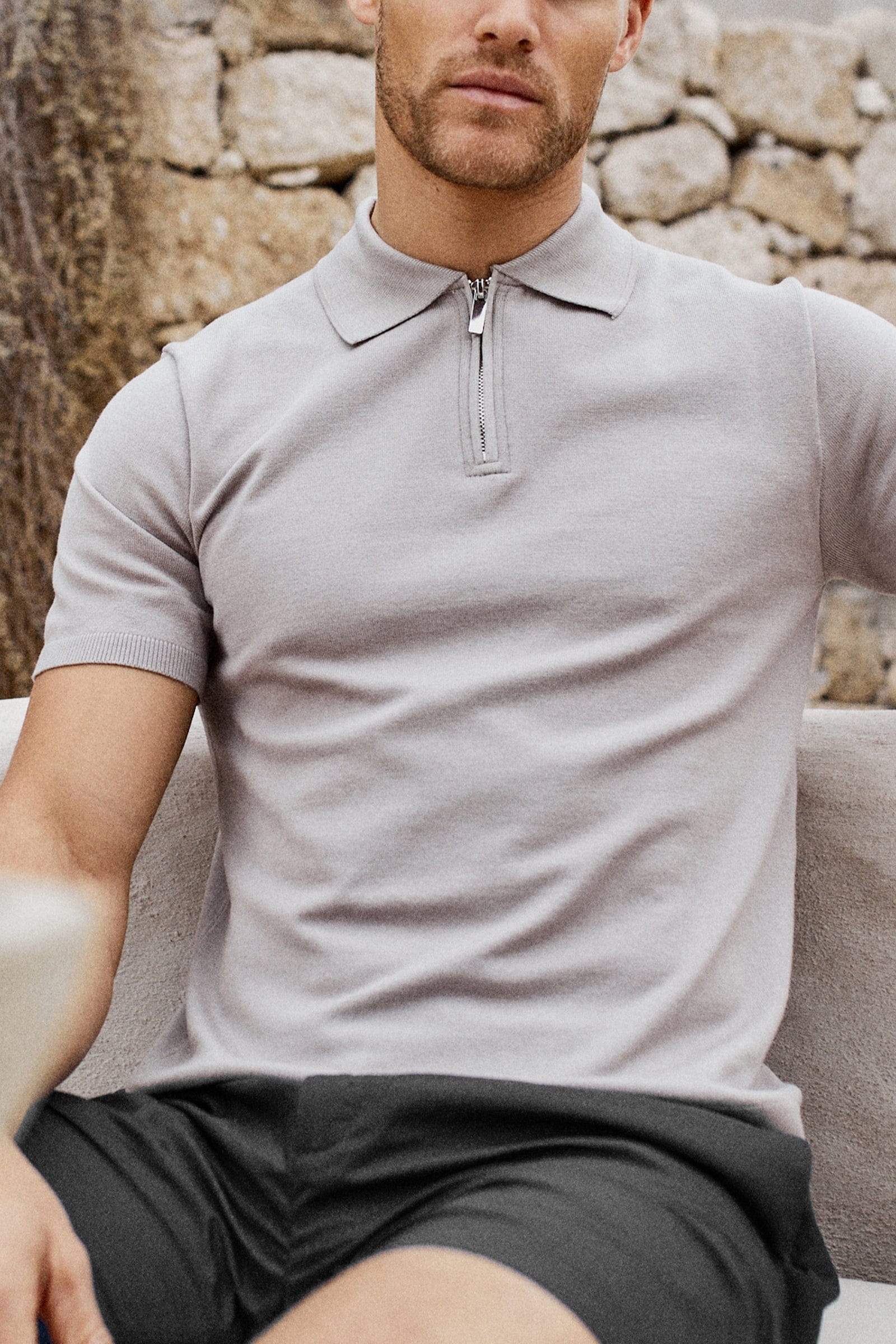 Llana Knitted Zip Polo - Pale Grey