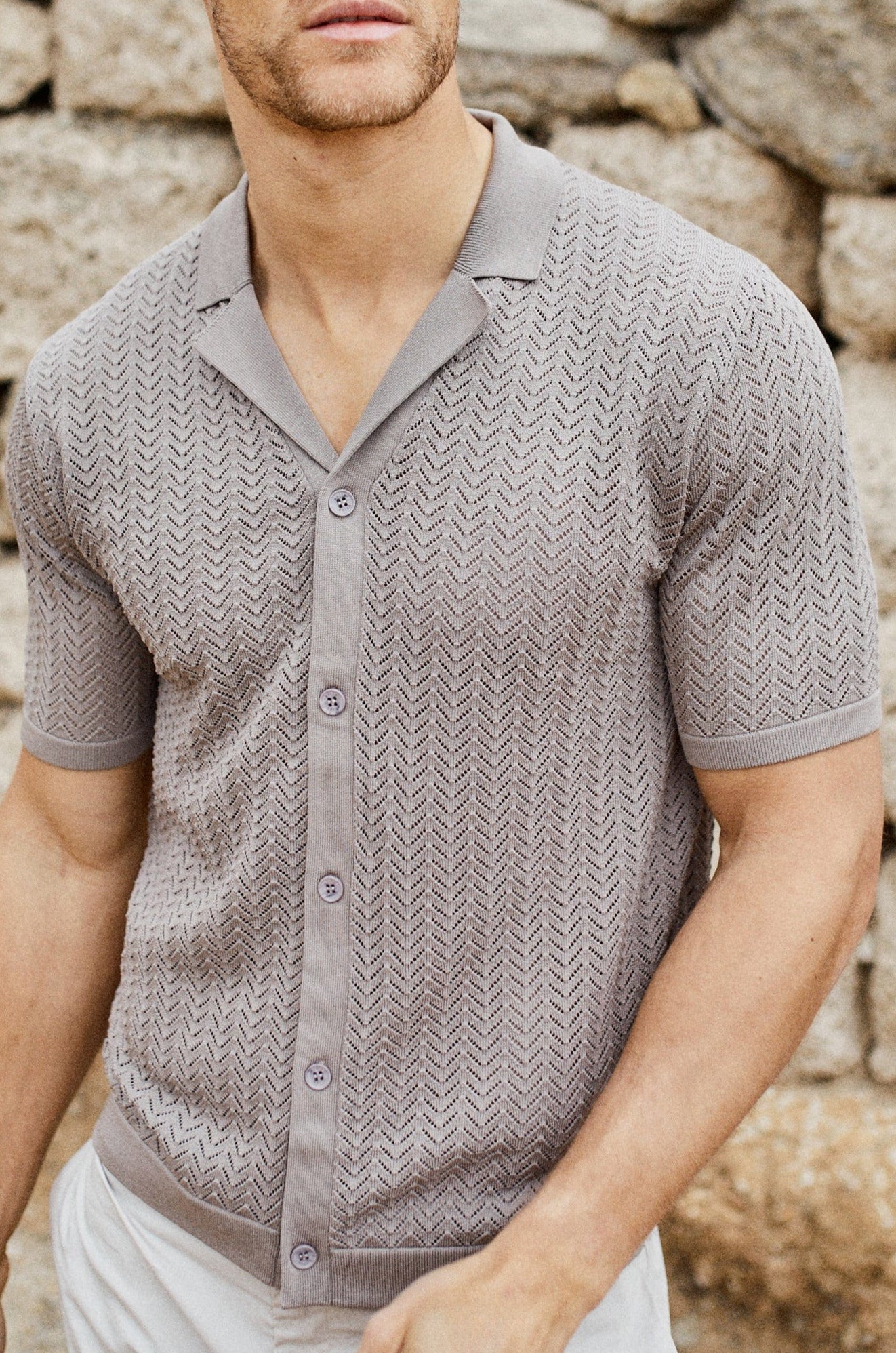 Torre Crochet Button Down Shirt - Taupe