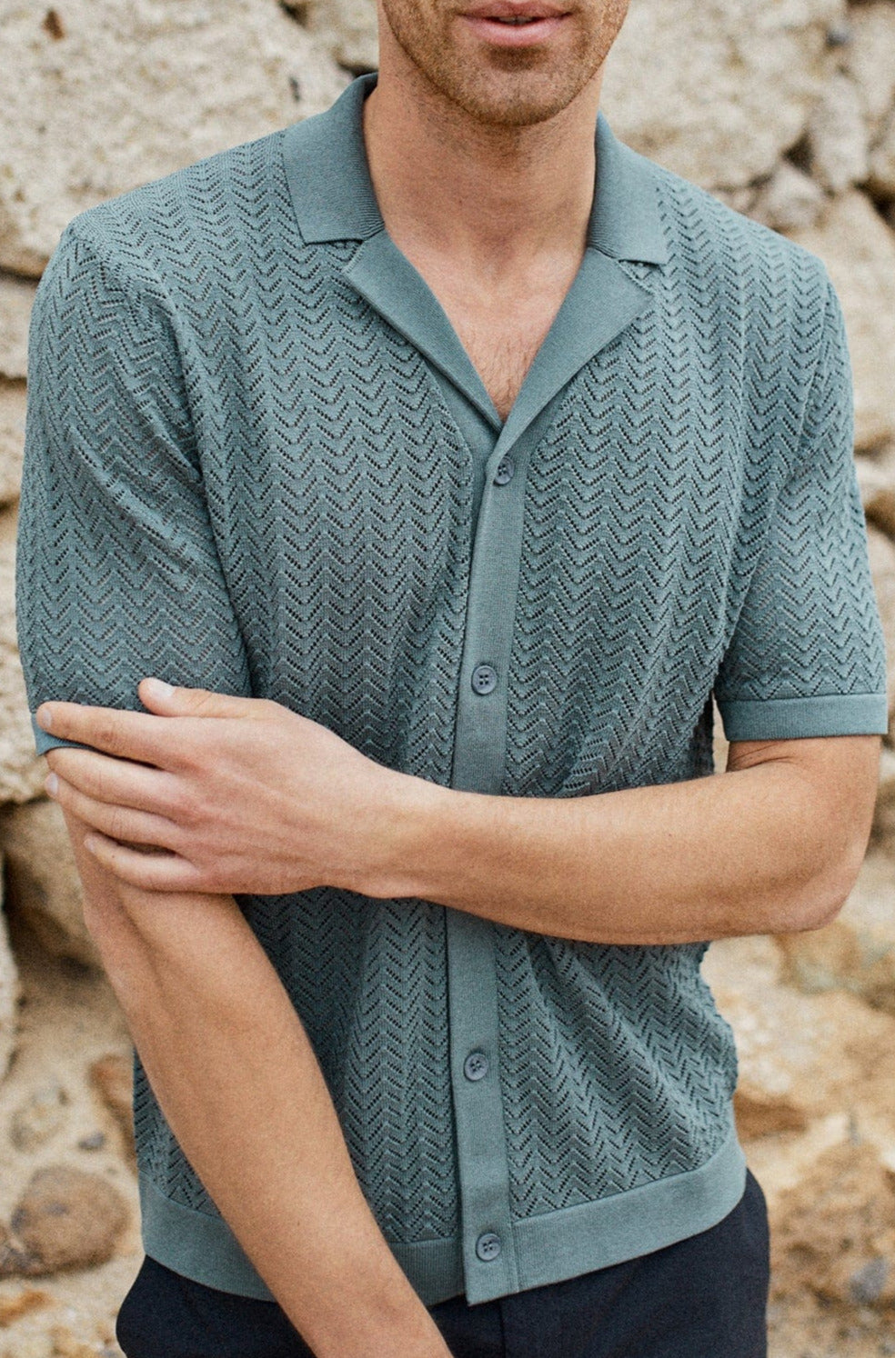 Torre Crochet Button Down Shirt - Sage Green