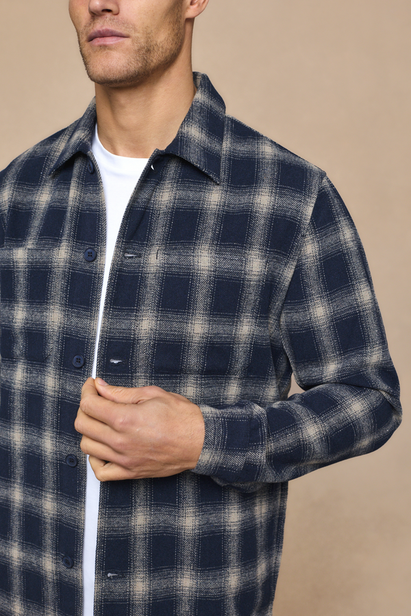 Vienna Wool Checked Overshirt - Navy/Ivory