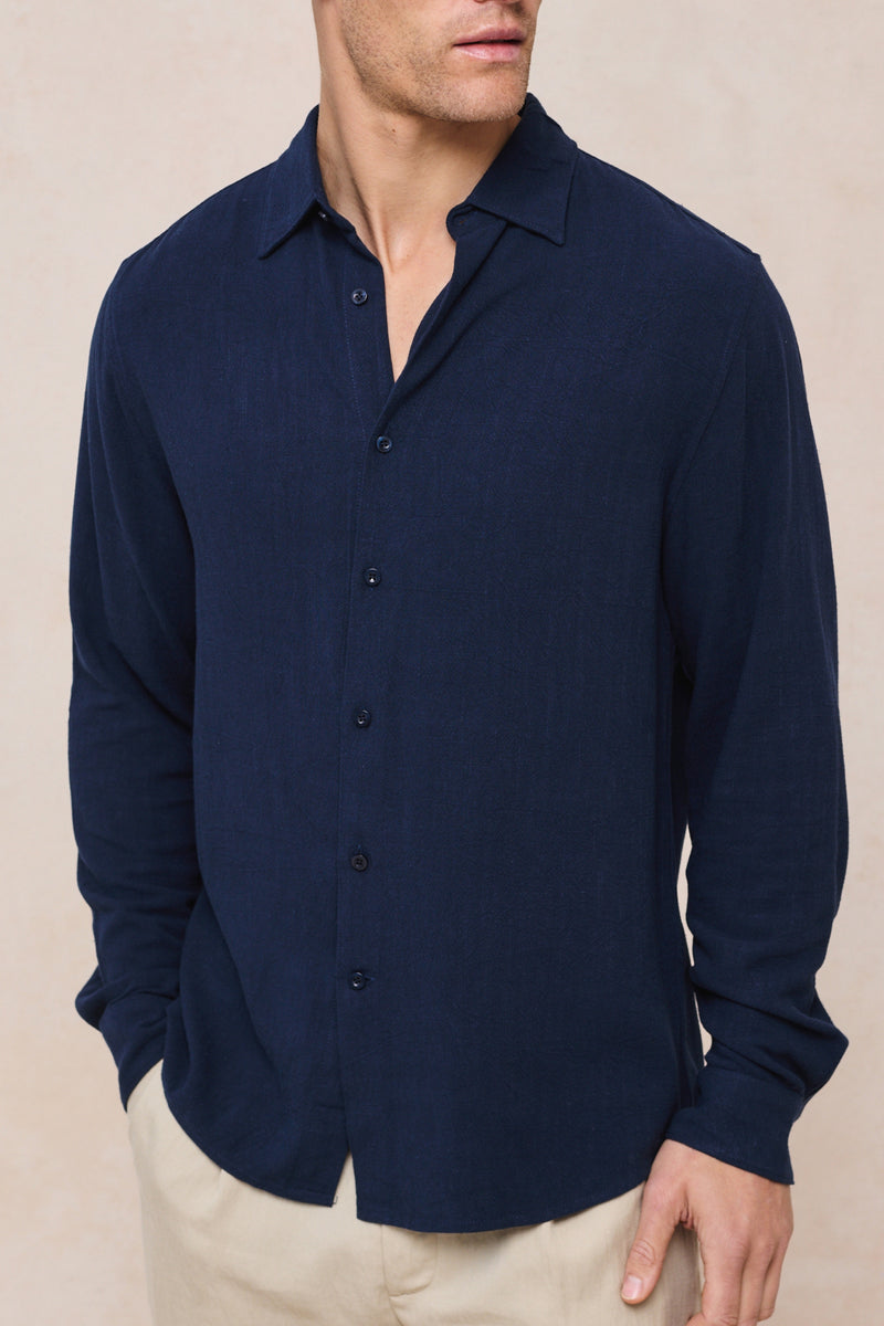 Cami Linen Classic Collar Shirt - Navy