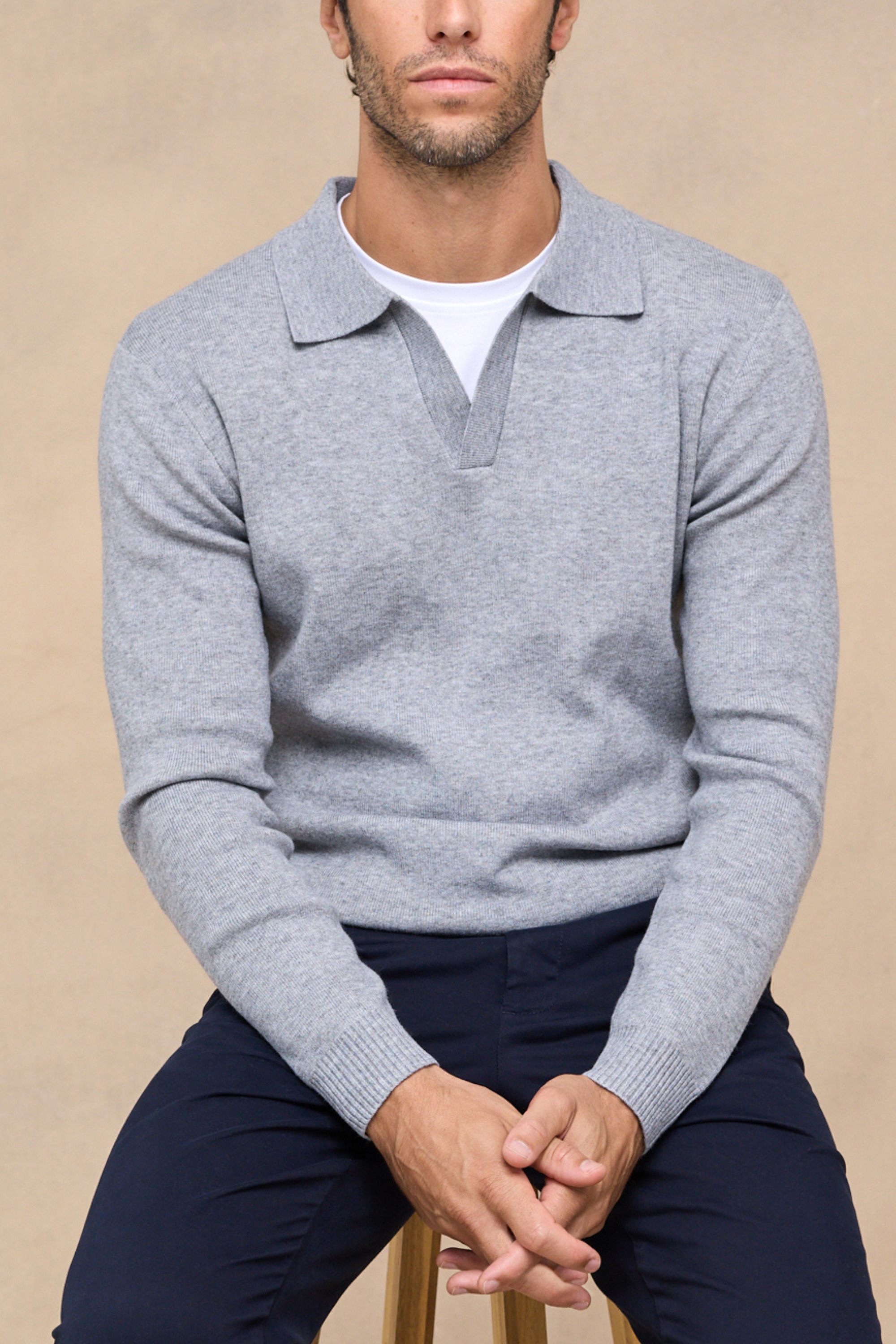 Lennon Open Collar Polo - Grey Marl