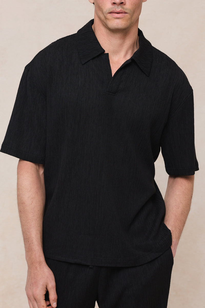 Silvano Crinkled Open Collar Polo - Black